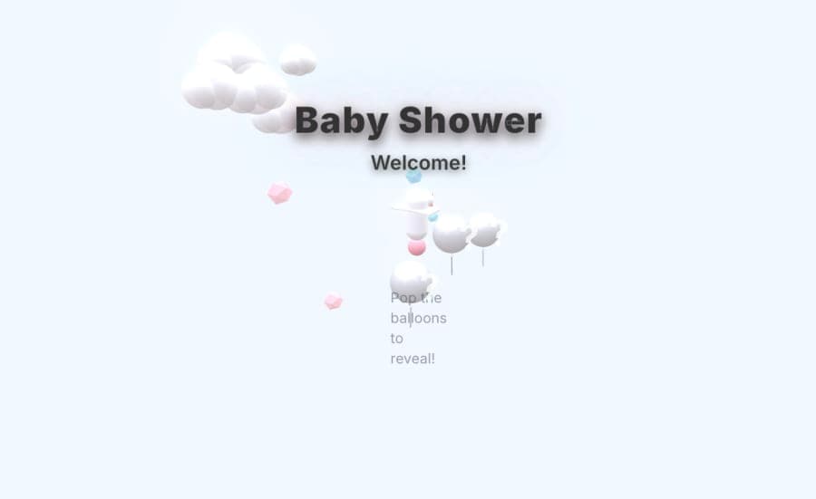A baby shower invitation card with balloons that reveal the announcement