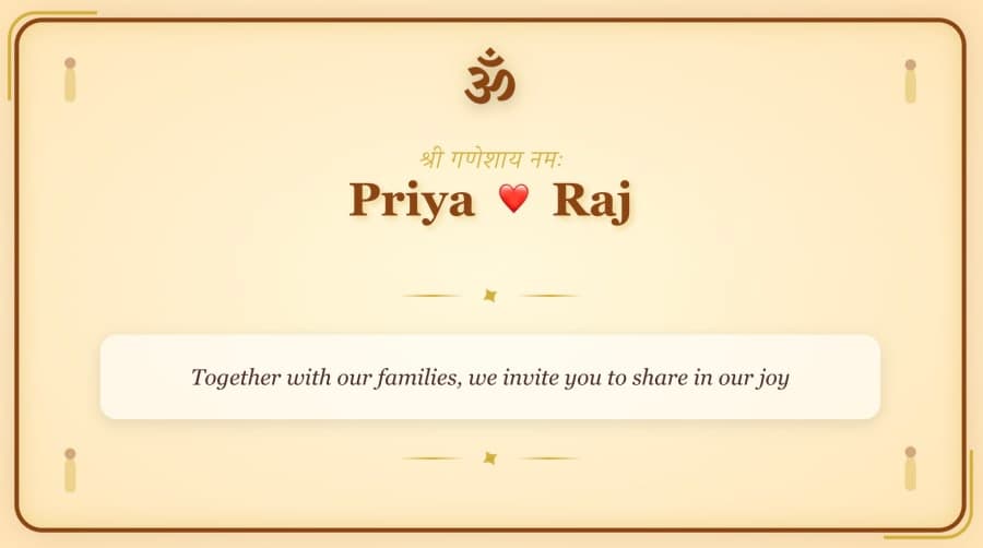A digital Hindu wedding invitation card on MomentoCard, with the couple's names and an invitation line in gold on cream