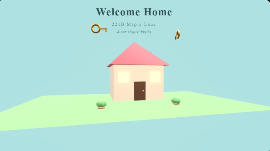 A housewarming invitation card showing a 3D house with the address and a welcome-home line