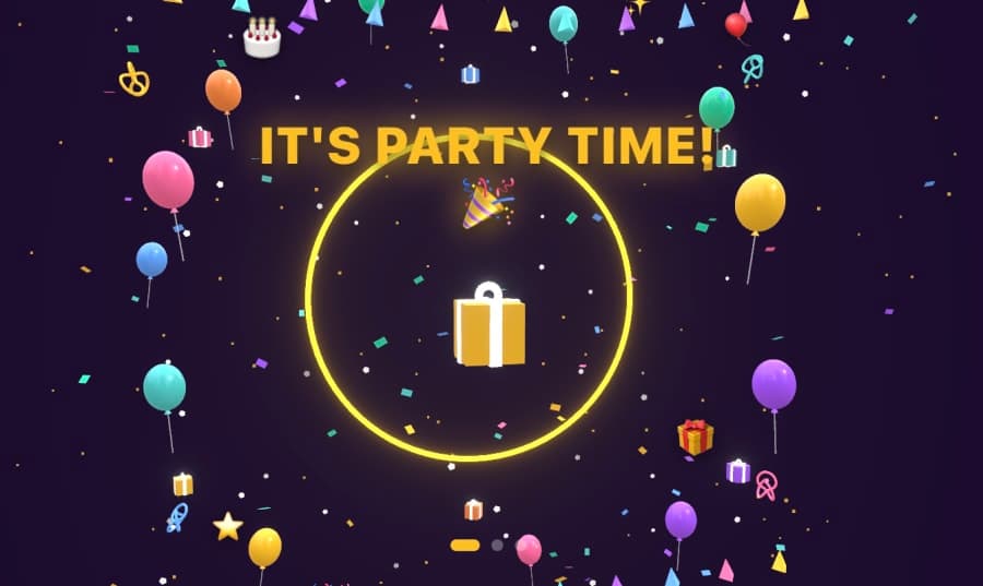 An animated 3D birthday party invitation card with balloons, confetti and a gift box
