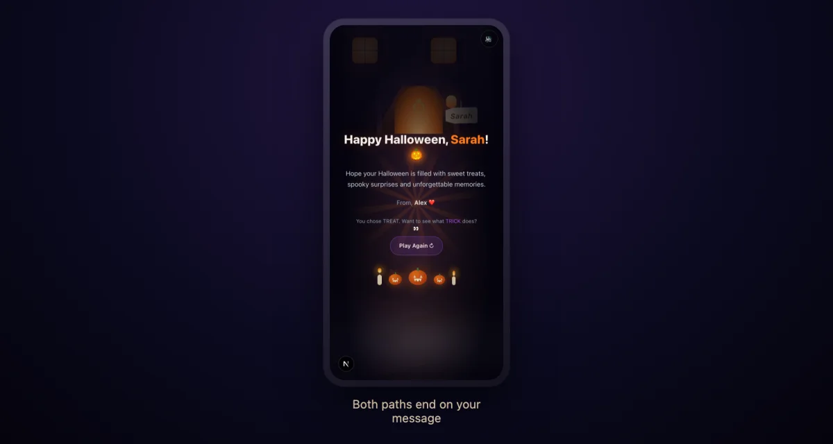 The personalised ending on a phone — Happy Halloween Sarah, a Halloween message, signed From Alex, above glowing pumpkins and candles