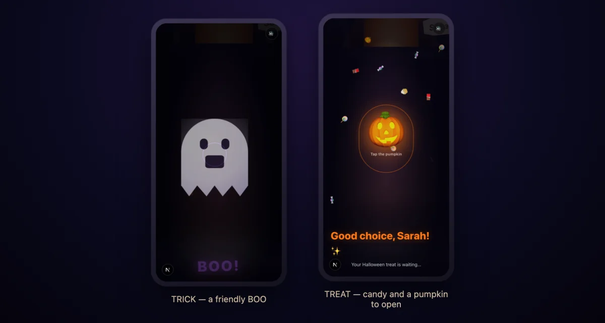 Two phone screens side by side — the TRICK path with a cartoon ghost and a big BOO, and the TREAT path with candy raining down and a glowing pumpkin to tap