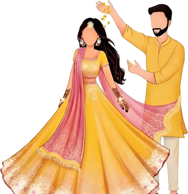 Indian couple in yellow outfits at their haldi ceremony — animated shaadi card scene