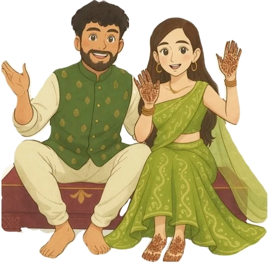 Bride showing henna hands with groom at the mehndi ceremony — animated invitation scene