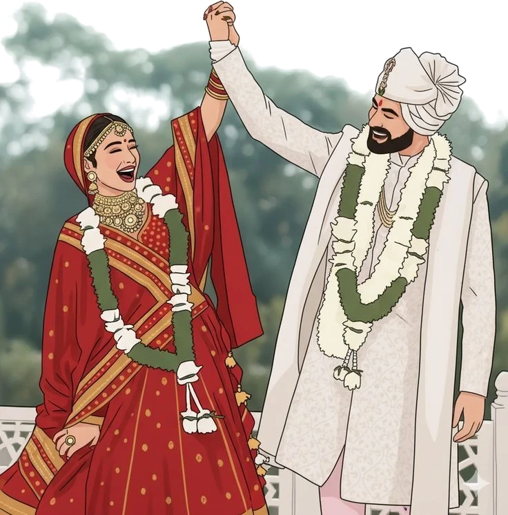 Bride in red lehenga and groom in ivory sherwani raising joined hands at their varmala moment — the shaadi scene from the Royal Shaadi Invite card